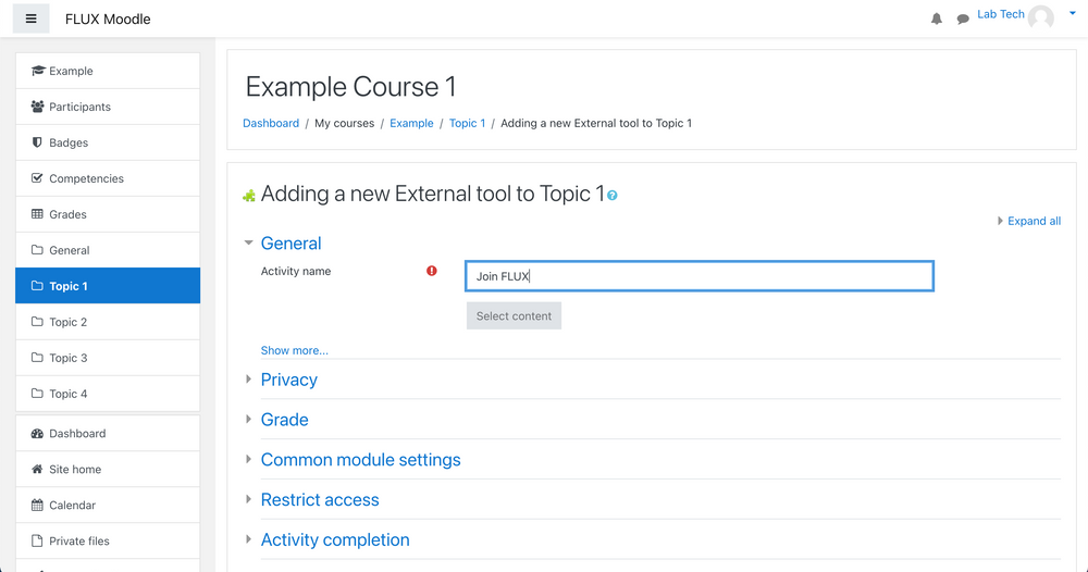 Moodle's 'adding a new external tool' page screenshot