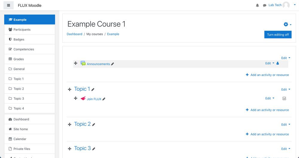 Moodle course page screenshot with tool added