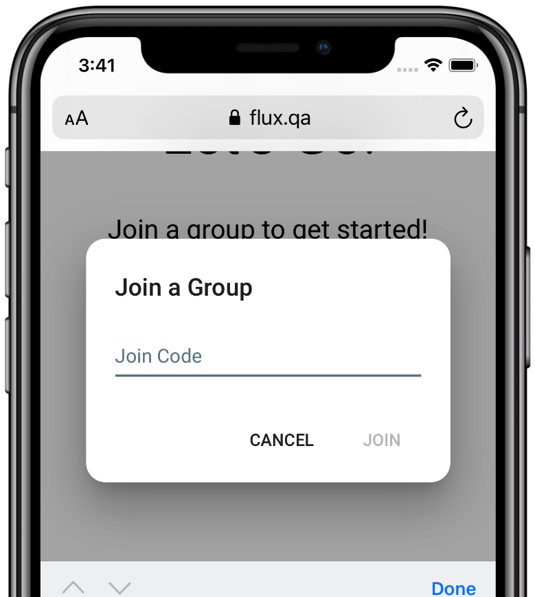 A FLUX screenshot showing a dialogue prompting the user to enter a participant group join code